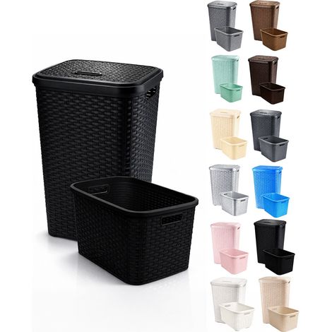 Cesto Ropa Sucia Pongotodo con Tapa y Asas Cesta Colada Plástico Ratán Cubo Ropa Sucia Baño Dormitorio 38L/48L/60L