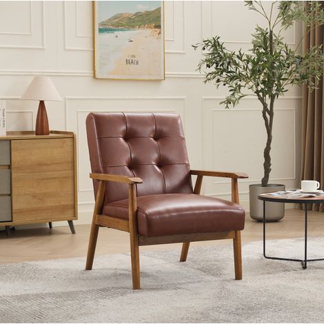 Fauteuil en cuir véritable marron avec accoudoirs effet noyer et pieds en bois DESVIAE (1/5)