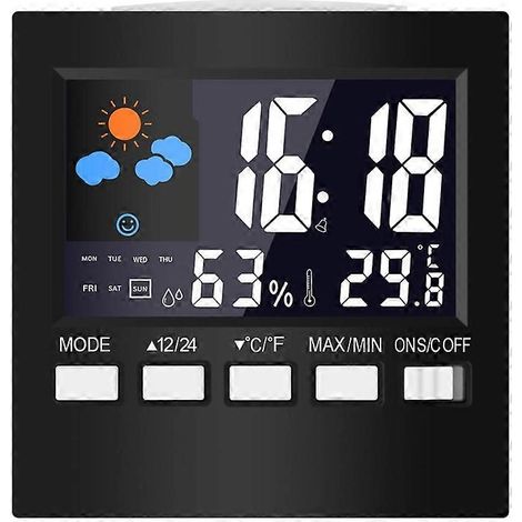 Calendrier, horloge, alarme, rétroéclairage LED, affichage de la température et de l'humidité, contrôle du son, écran couleur, météo (1/5)