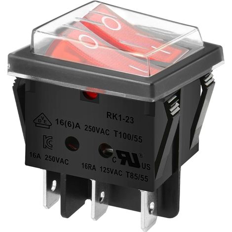 SPST On/Off Dual Rocker Switch 6 Terminals Red Light 16A 250V AC with Waterproof Cover (1/5)