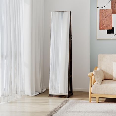 GOPLUS Armoire a Bijoux avec Miroir Pleine Longueur, Armoire a Bijoux sur Pied Pivotante à 360° avec 8 Ampoules, Étagères Arrière, Organisateur de Bijoux pour Femme (Marron Rustique)