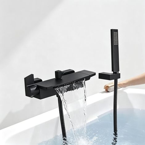 Robinet de Baignoire Cascade Thermostatique Noir avec Douchette et Robinet Mitigeur Laiton, Montage Mural avec Douche Chaud et Froid (1/5)