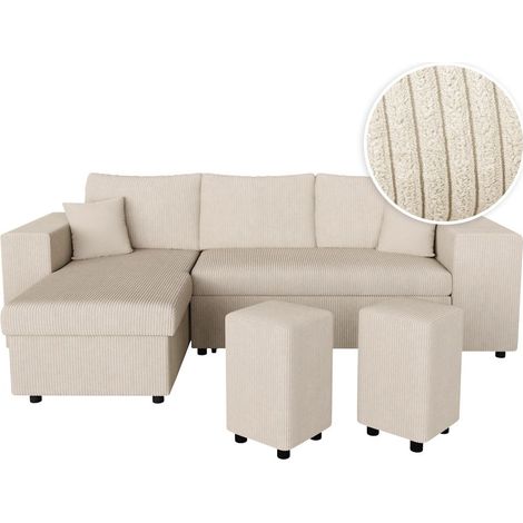 Loungitude – Canapé d'angle convertible MADY – 5 places – Tiroir lit – Coffre de rangement – Velours côtelé beige – Design moderne (1/5)