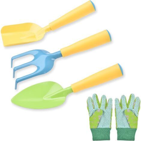 FENOPLASTICAoutillage de jardin pour enfants, truelle râteau et fourchette gants de jardinage, ensemble de 4 outils de jardinage (1/5)