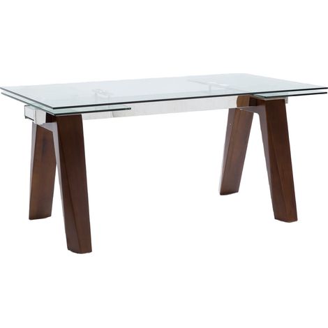 Table de repas extensible Karone 160-240cm - Plateau en verre et piétement bois massif de noyer (1/5)