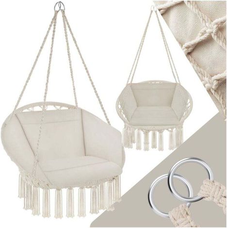 Fauteuil Hamac suspendu design 1 Place Extèrieur Intèrieur avec Coussin confortable en Coton Beige - beige (1/4)