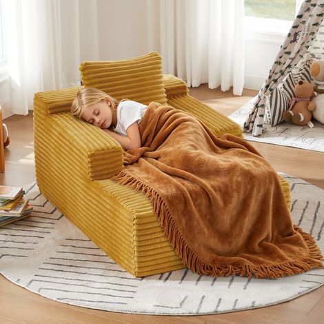Chaise Longue Convertible en Velours Côtelé Jaune, Fauteuil de Relaxation 1 Place sans Montage - PANGIVO (1/5)