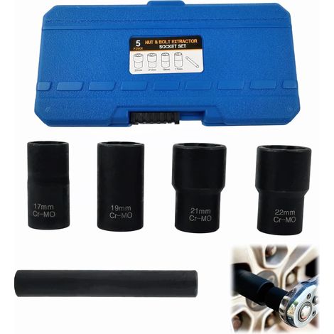 5 17mm, 19mm, 21mm, 22mm Douille Extracteur de Boulon Antivol, Arrondis et Rouillés Extracteurs D'ecrou Antivol, Extracteur D'écrous de Roue pour Extraire Les Boulons
