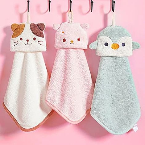 Grazioso set di 3 asciugamani da bagno con anelli per appenderli, asciugamani per bambini con motivi di animali, asciugamani assorbenti in microfibra in pile di corallo, per cucina e bagno. (1/4)