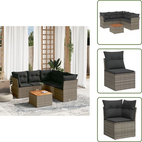 6-tlg. Garten-Sofagarnitur mit Kissen Grau Poly Rattan - Gartenmöbel Set - PE-Rattan Möbel - Outdoor Sofa - Esstisch - Lounge Set (1/5)