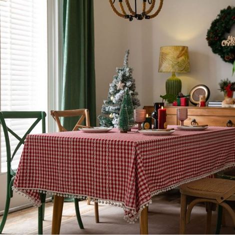 Tovaglia a quadri retrò con nappe - tovaglia in cotone e lino - tovaglia antipolvere - adatta per cucine, buffet, ristoranti, picnic, feste, decorazioni per la tavola - 140x220 cm (1/5)