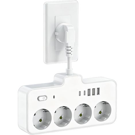 Multiprise Compacte EU, 4 Prises + 5 USB (2 Type-C) Multiprise Rotative, Câble Court Flexible, Adaptateur de Prise Murale pour Maison, Bureau, Essentiels de Voyage (1/5)