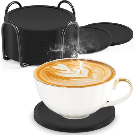 Set de 12 sous-verres en silicone noir 10cm avec support, antidérapants et résistants à la chaleur (1/5)