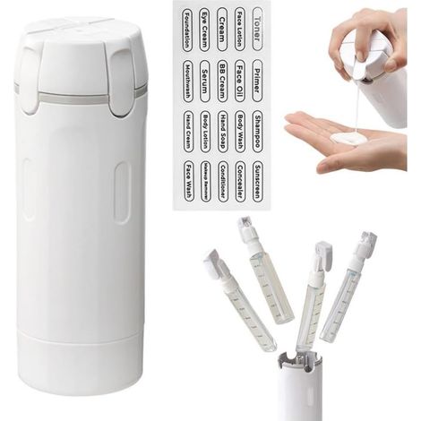 Dispensador de champú y acondicionador 4 en 1 para viajes, de silicona a prueba de fugas y recargable, diseño transparente y portátil con cierre, ideal para viajes en avión, color blanco. (1/5)
