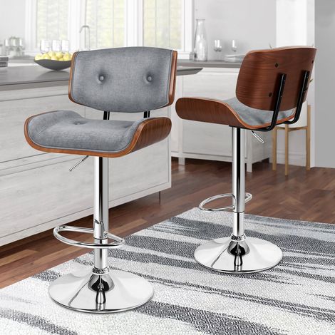 ALFORDSON 360° Swivel 2x Bar Stools ,Back, Adjustable Height Linen,Footrest, Wooden Armless Counter Chair,Home Bar, Kitchen Island, Restaurant, Grey
