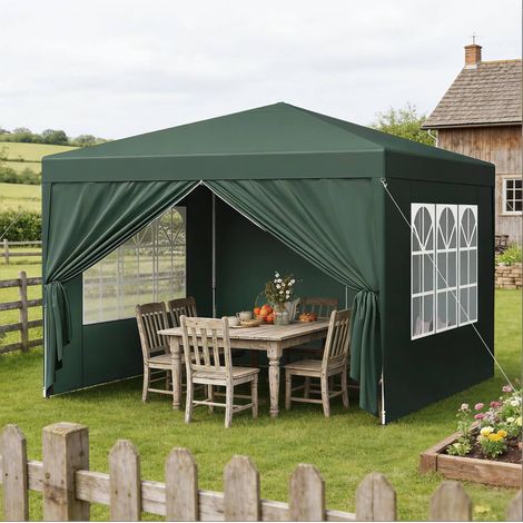 Tenda per feste pieghevole 3x3 m con pareti laterali, altezza regolabile 250/254/258 cm, struttura in metallo verde. (1/5)