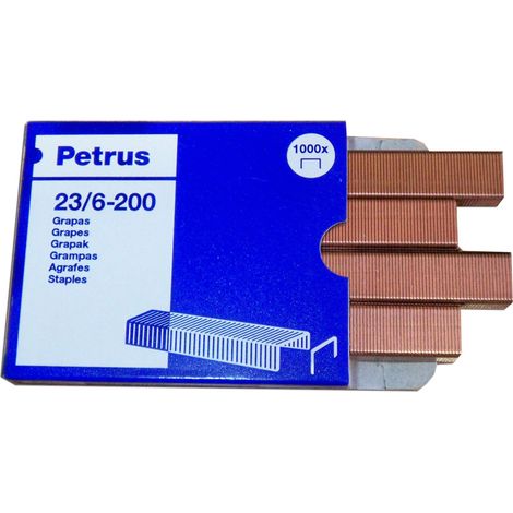 CAJA DE 1000 GRAPAS TIPO 23/6 - 200 COBREADAS PARA GRAPADORAS DE ESCOLARES/OFICINA PETRUS 23600