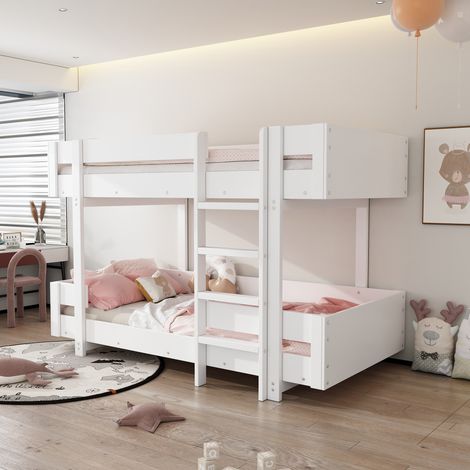 Litera infantil de 90×200 cm, tamaño doble, con escalera, sin colchón, dispositivo anticaídas, madera + MDF, blanca (1/5)