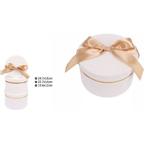 TrAdE Shop Traesio - Set 3 Pz Scatole Scatola Box Regali Varie Misure Matrioska Rotonde Bianco 71942 -