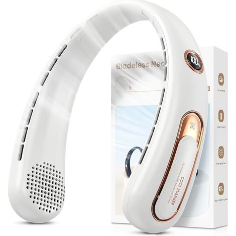 Ventilateur de Cou Portable, Ventilateur USB Rechargeable 4000mAh Max 15H, Ventilateur Silencieux sans Pale, 3 Vitesses et Affichage LED, Petit Ventilo Puissant 360°, pour Bureau Sport Voyage Camping