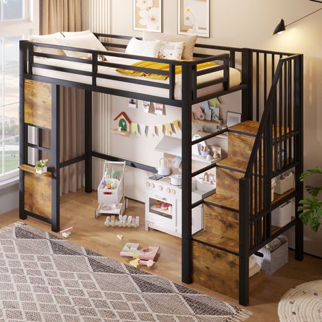 Hochbett 90x200 cm aus Metall und MDF mit Aufbewahrungstreppe, schwarz HAVRYA (1/5)