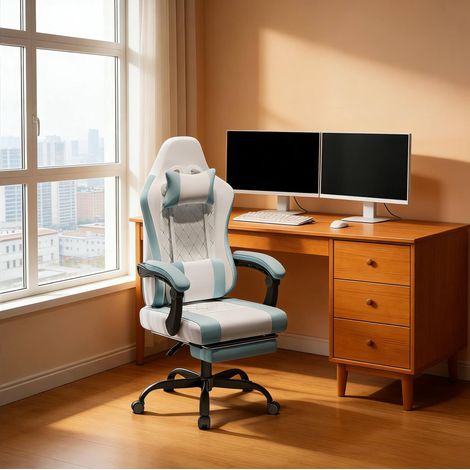 Silla gamer ergonómica con función de masaje, respaldo reclinable, tela transpirable, azul y blanco (1/5)