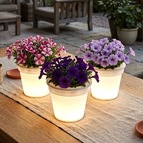 Vaso di fiori a LED solare illuminazione vaso di fiori solare, bianco satinato, batteria ricaricabile LED bianco neutro, H 19 cm, set di 3 (1/5)