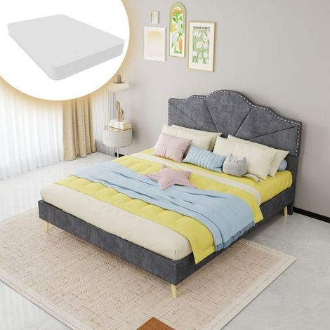 Lit Double 160 x 200 cm Cadre de Lit bas tête de lit douce et confortable gris mattress included (1/5)
