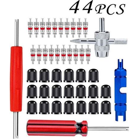 Kit d'outils de Réparation de Valve de Pneu de Voiture,Outil de Valve 4 Voies avec Noyaux de Valve,Bouchons de Valve de Pneu,Outil de Dépose de Tige Valve de Pneu Simple et Double Tête (1/4)