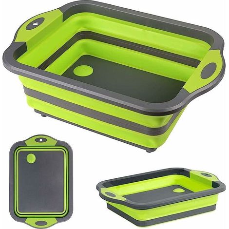 Planche à Découper Pliable 3 en 1 Panier à Découper avec Bouchon de Drainage et ux Multifonction Panier de Drainage pour Les Cuisines,Les Voyages,Le Camping(Vert)