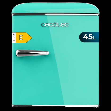 Grüner Mini-Tischkühlschrank im Retro-Stil, 55 cm hoch und 44,7 cm breit mit 45 L Fassungsvermögen, Energieklasse E, Icebox und Chromgriff.