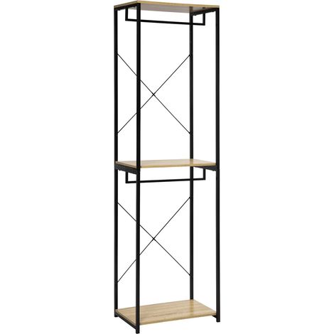 Portant à vêtements ouvert avec double barre, étagères pratiques et structure métal noir et MDF bois clair, pour chambre ou dressing, 60 x 40 x 213 cm - CHICFURN (1/4)