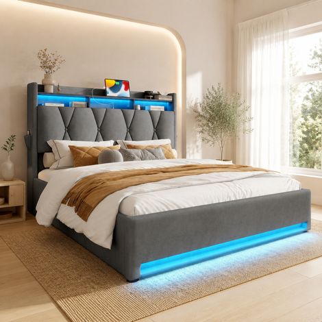 Lit double 140x200 cm en velours gris avec LED et rangement, gain de place, sans matelas – MEUBLIV (1/5)