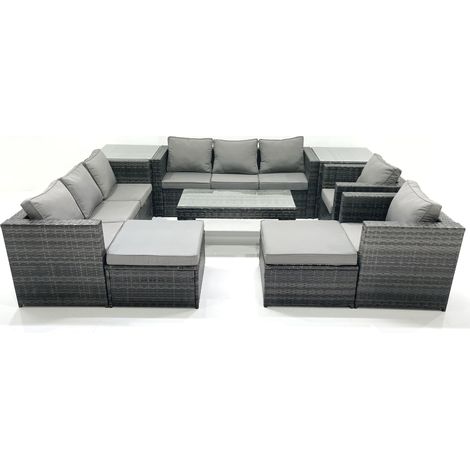 Fimous – Ensemble table et chaise de jardin en polyrotin – 2 canapés, 2 fauteuils, 2 tables d'appoint, 2 tabourets – Couleur gris foncé (1/4)