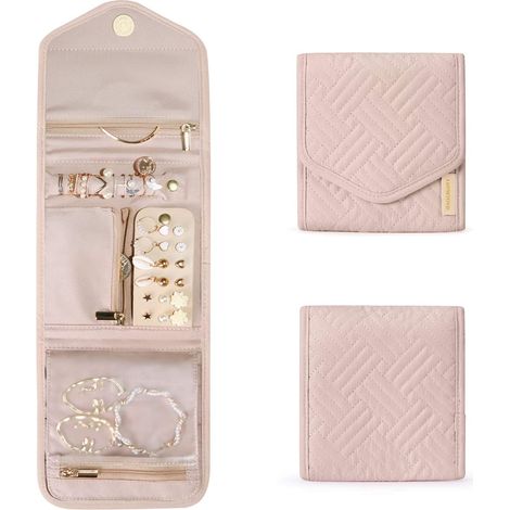 Organisateur de bijoux de voyage Rouleau pliable pour bagues, colliers, boucles d'oreilles, bracelets, mini, rose pastel (1/3)