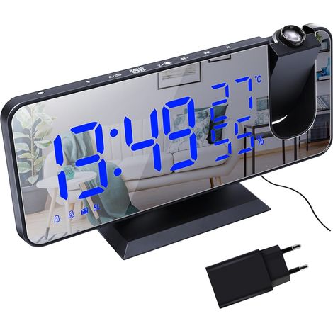 Réveil Projecteur avec FM Radio Réveil Numérique 12/24 Heures Mode Affichage de la Température et de l'humidité Adaptateur Inclus