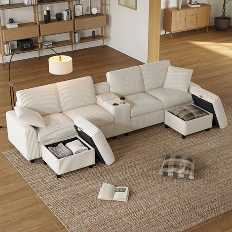 Multifunktionales U-förmiges Ecksofa aus Rippvelours, 4 Plätze, Mit 2 Hockern, 1 USB-Anschluss/2 Steckdosen/2 Typ-C Anschlüsse, beige