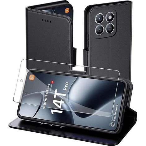 Étui portefeuille à rabat pour Xiaomi 14T Pro avec protection en verre noir (1/3)