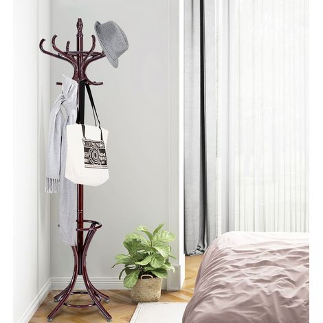 Porte Manteau sur Pieds avec 12 Crochets en Bois Massif pour Manteaux Chapeaux Parapluie 51 x 51 x 184 CM, Brun rougeâtre CW4726 Maison Chic (1/3)
