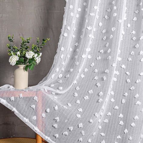 lot de 2 rideau voilage blanc avec œillet et pompon brodé semi-transparent pour salon et chambre d'enfant . (1/5)
