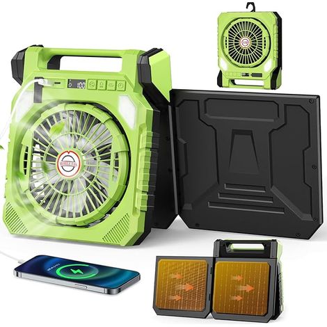 Ventilateur de Camping,Ventilateur Solaire con Batterie 20000mAh Rechargeable,2 Panneaux Solaires,Lumière LED,Lampe torche,Secouant la tête,Affichage Numérique,Minuterie pour Pêche Randonnée Voyage (1/5)