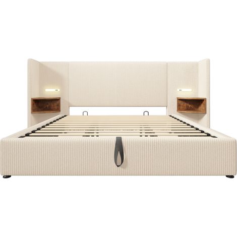 Cama doble 180x200 de pana con lámpara de lectura, puertos USB y USB-C, beige, HOMVRA (1/5)