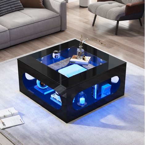 Table basse carrée 70x70x35 cm noire en MDF et verre trempé avec LED et rangement central
