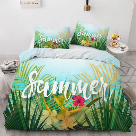 Ensemble de literie 200x200 cm 3 pièces microfibre Tropical Feuilles de palmier réversible avec fermeture éclair