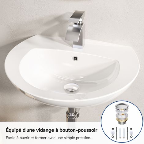 CECIPA MAX Lavabo en céramique 57 x 45 cm – Lavabo mural blanc demi-rond avec trop-plein – Bonde clic-clac incluse – Finition brillante, pour salle de bain et WC invités (1/2)
