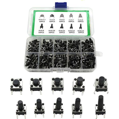 100PCS Bouton Poussoir Kit, Boutons poussoirs tactiles Micro, 6×6×4.3mm / 5mm / 6mm / 7mm / 8mm / 9mm / 10mm / 11mm / 12mm/13mm, 10 Valeurs Micro Interrupteur pour Produits électroniques (1/5)