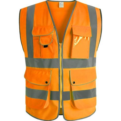 9 poches de classe 2"gilet de sécurité haute visibilité devant avec des bandes réfléchissantes, (orange-L) (1/3)