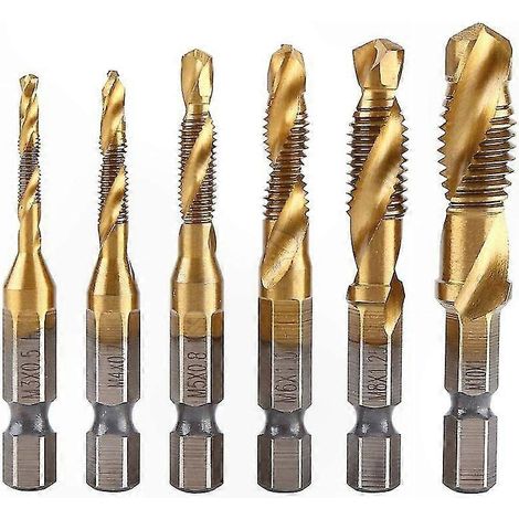 Satz von 6 metrischen Gewindebohrern M3-M10, titanbeschichteter HSS-Stahl, 1/4"-Sechskantschaft", für präzises Gewindeschneiden und Bohren. (1/5)