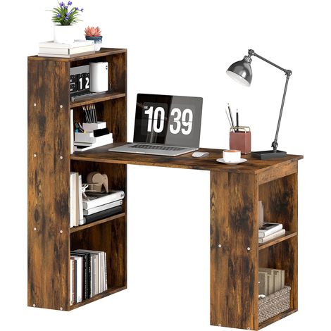 120cm Computer Desk, Wooden PC Laptop Table with 6-Tier Storage Bookshelves, Home Office Working Study Desk, Writing Workstation, Rustic Brown Wood-Effect
