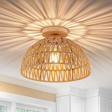Plafonnier Semi-encastré Moderne, Boho Semi Plafonnier Suspension Plateau De Plafond en Bois E27 Base Panier en Rotin Abat-Jour Lampe en Bambou Tissée À La Main Appareils D'éclairage (1/5)